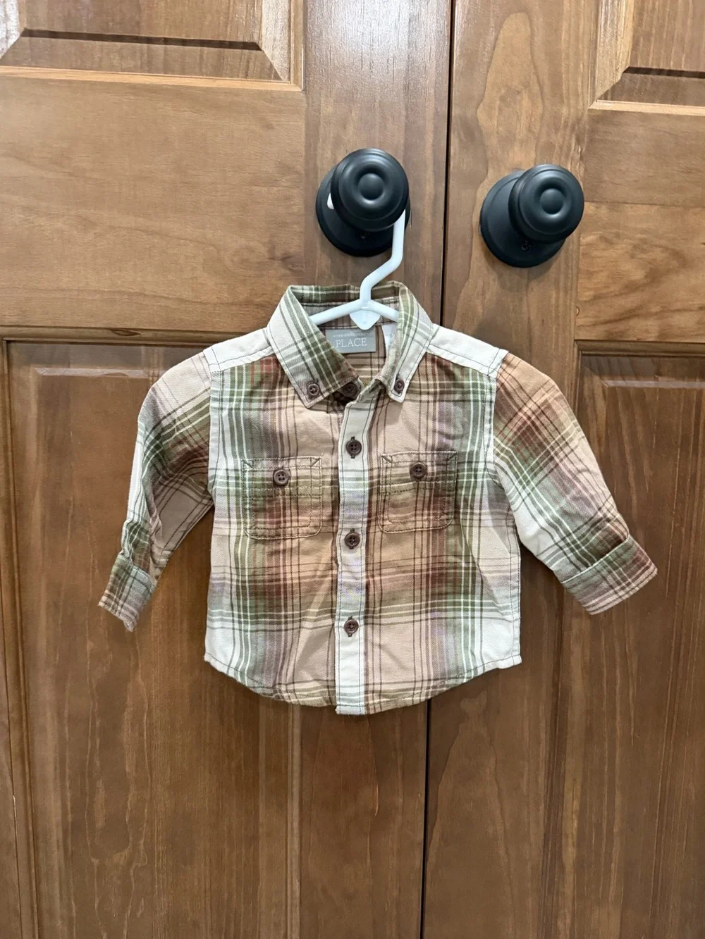 The Children's Place Boys Long Sleeve Plaid Button Up Shirt, Green & Brown, 0-3m